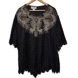 VINTAGE 100% Silk Beaded Blouse Womens 4X Embellished Avant Garde Glam Resort